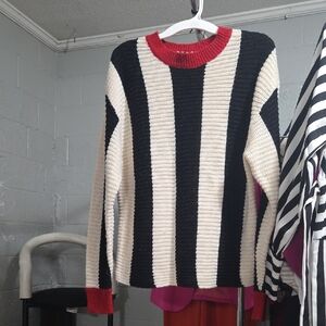 Striped Black and Cream Sweater with Red Accents